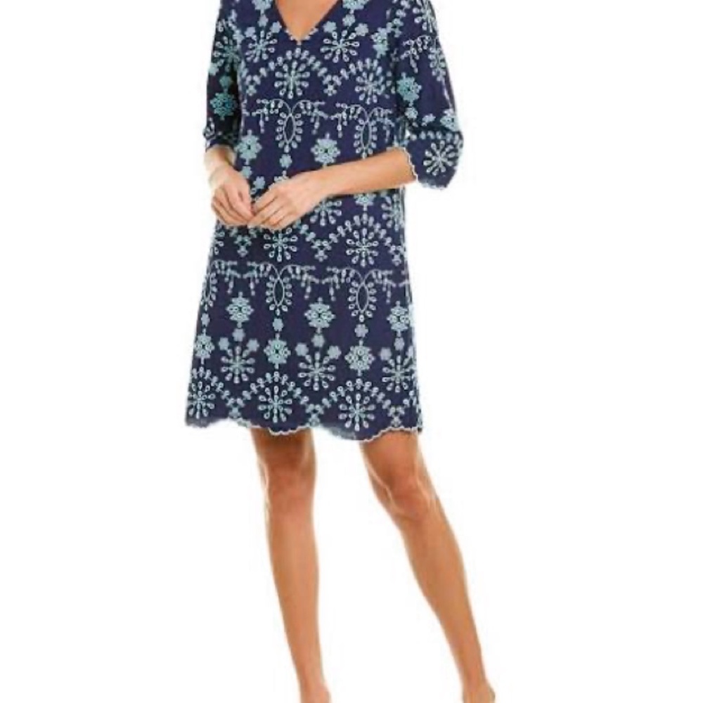 SAIL TO SABLE Navy and Aruba Blue Embroidered Eyelet Cotton Dress
